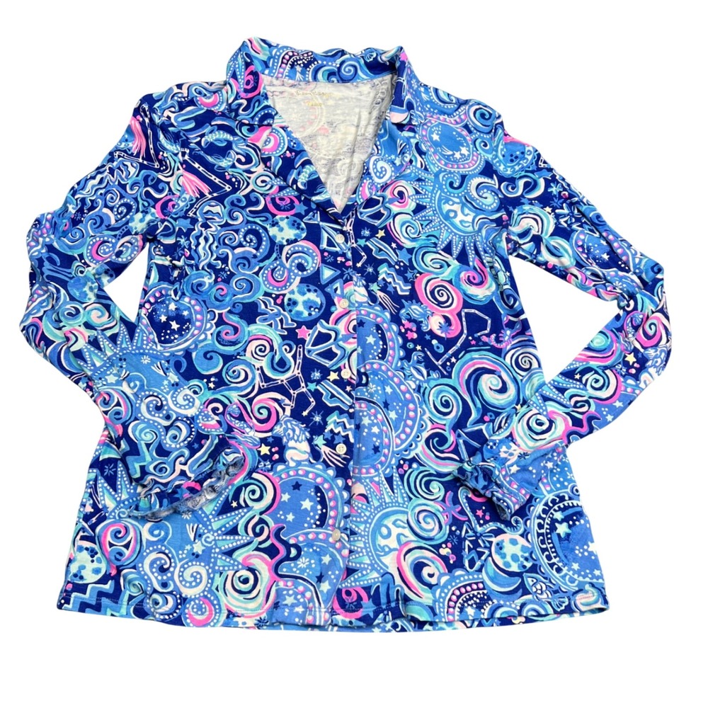 Lilly Pulitzer Womens Small Celestial Zodiac Print Pajama Top Blue Pink Ruffle